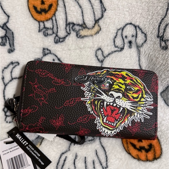 NWT Ed Hardy Red, Black and Yellow Vegan Leather Wallet with Fierce Tiger - Picture 1 of 3